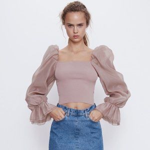 Zara Pale Blush Organza Sleeve Blouse
